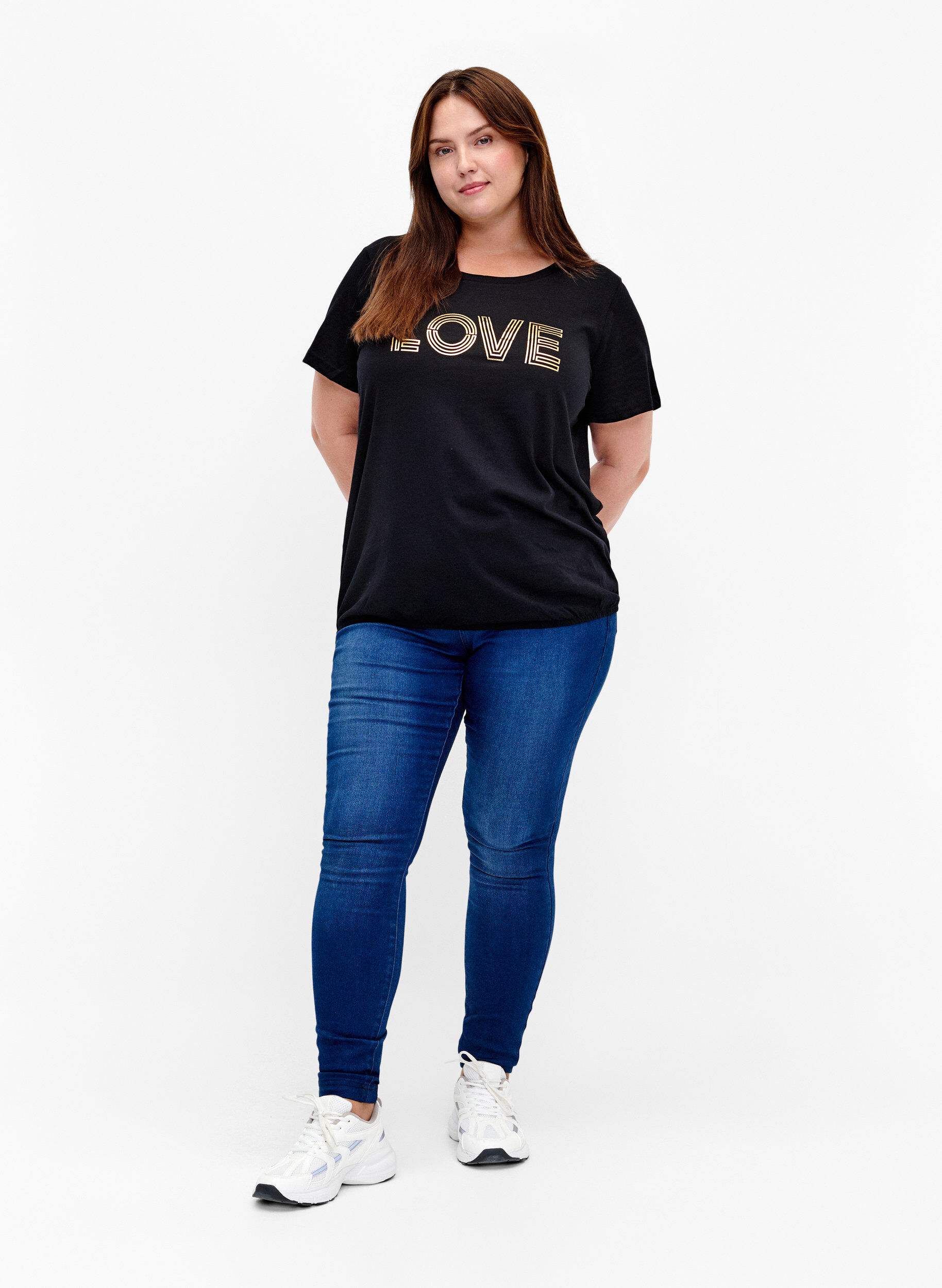 Zizzi Bomulls t-shirt med folietryck, Black W. Love, Model image number 2