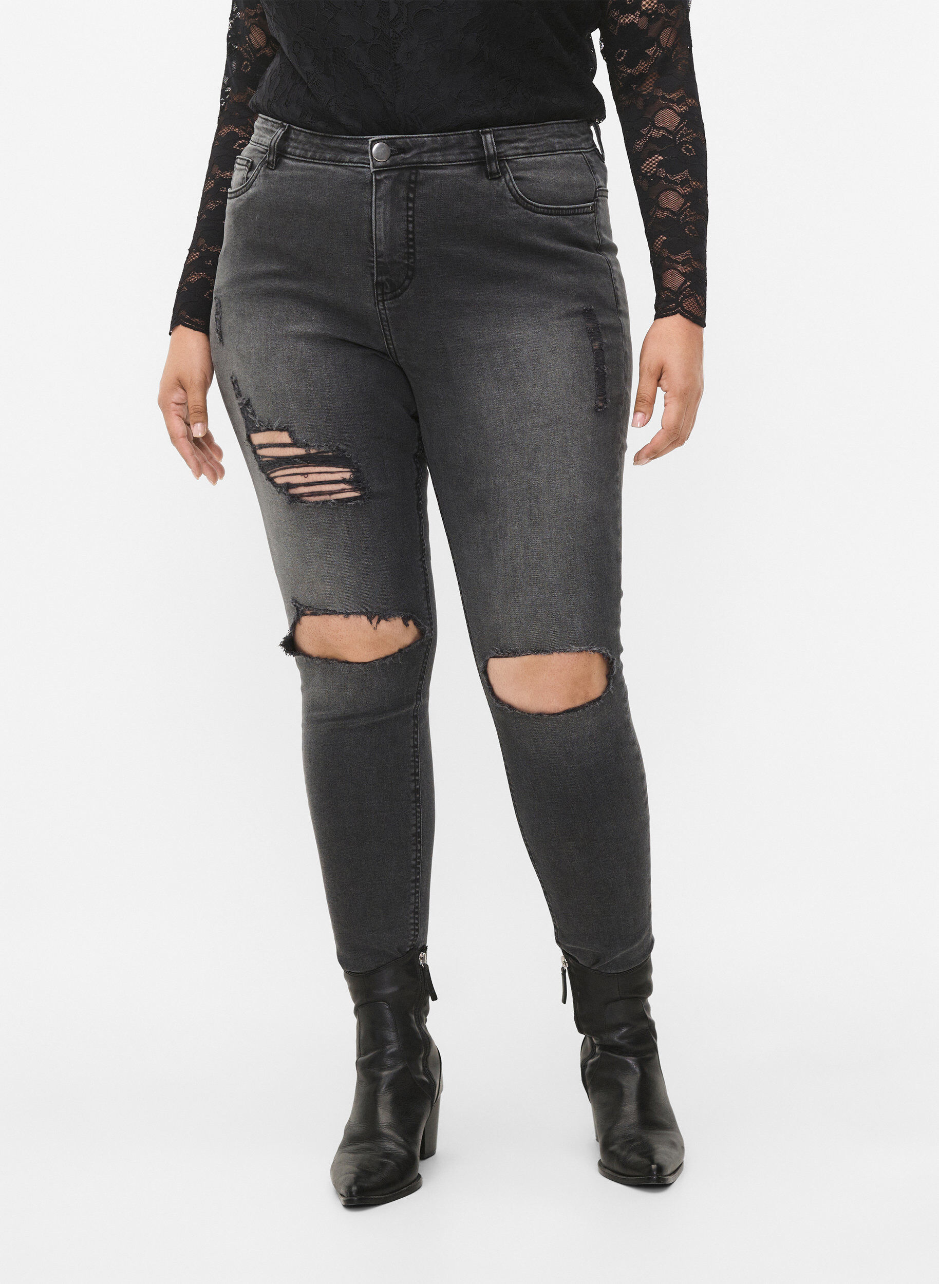 Zizzi Kroppsn&auml;ra jeans med slitdetaljer, Grey Denim, Model image number 2