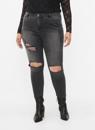 Kroppsnära jeans med slitdetaljer, Grey Denim, Model image number 2