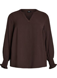 Blus med smockade manschetter och v-ringning, Brun