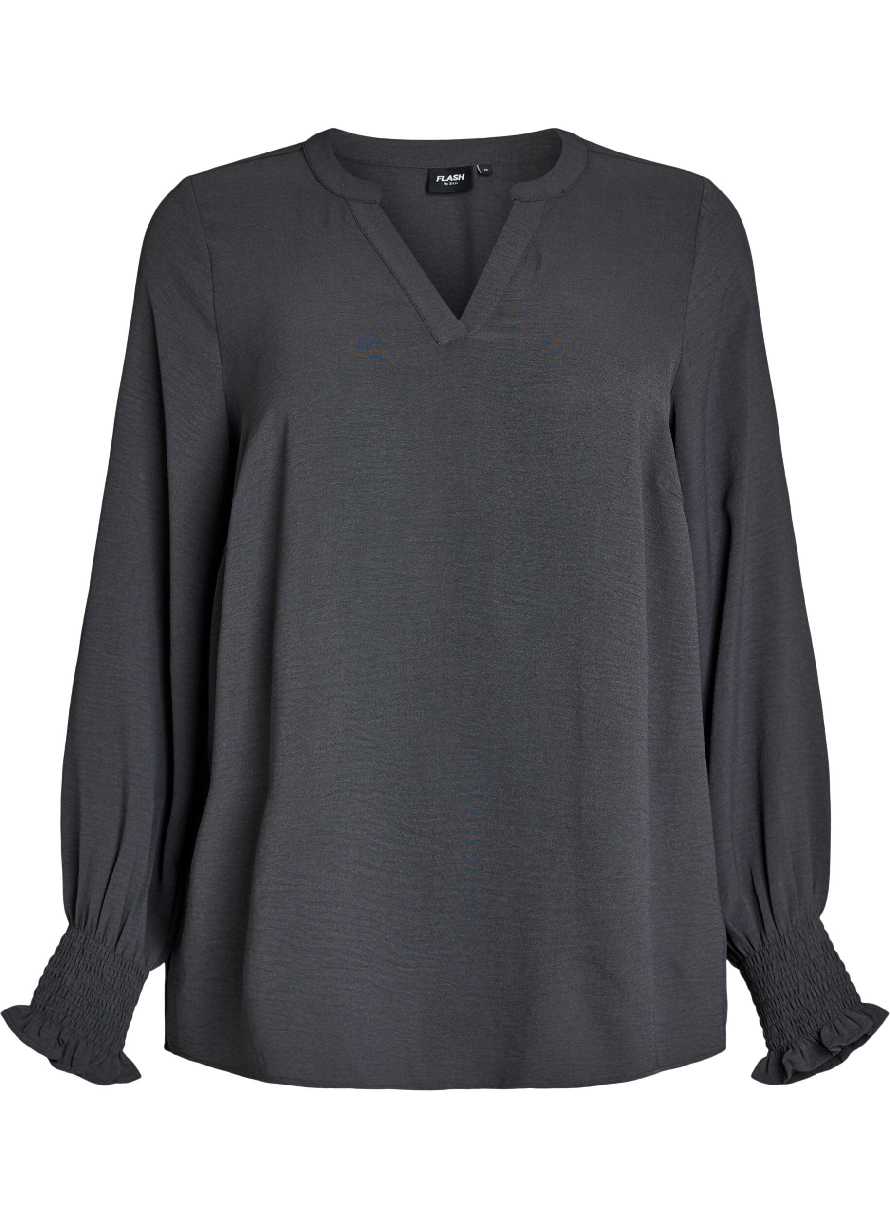 FLASH - Blus med smockade manschetter och v-ringning