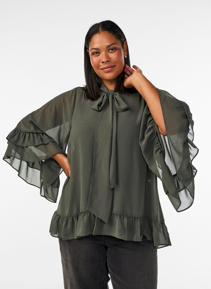 Blus med knytband och volangdetaljer, Gr&aring;, Model image number 0