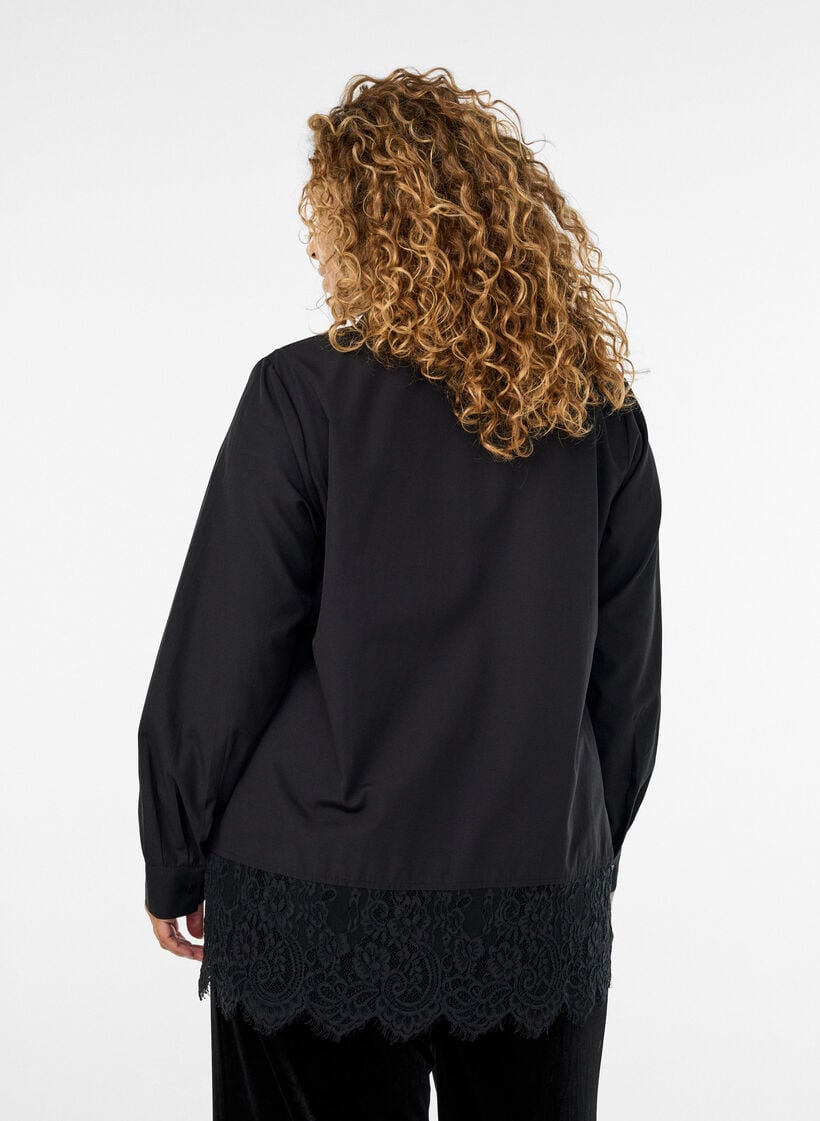 Ledig skjorta med bred spetskant, Svart, Model image number 2