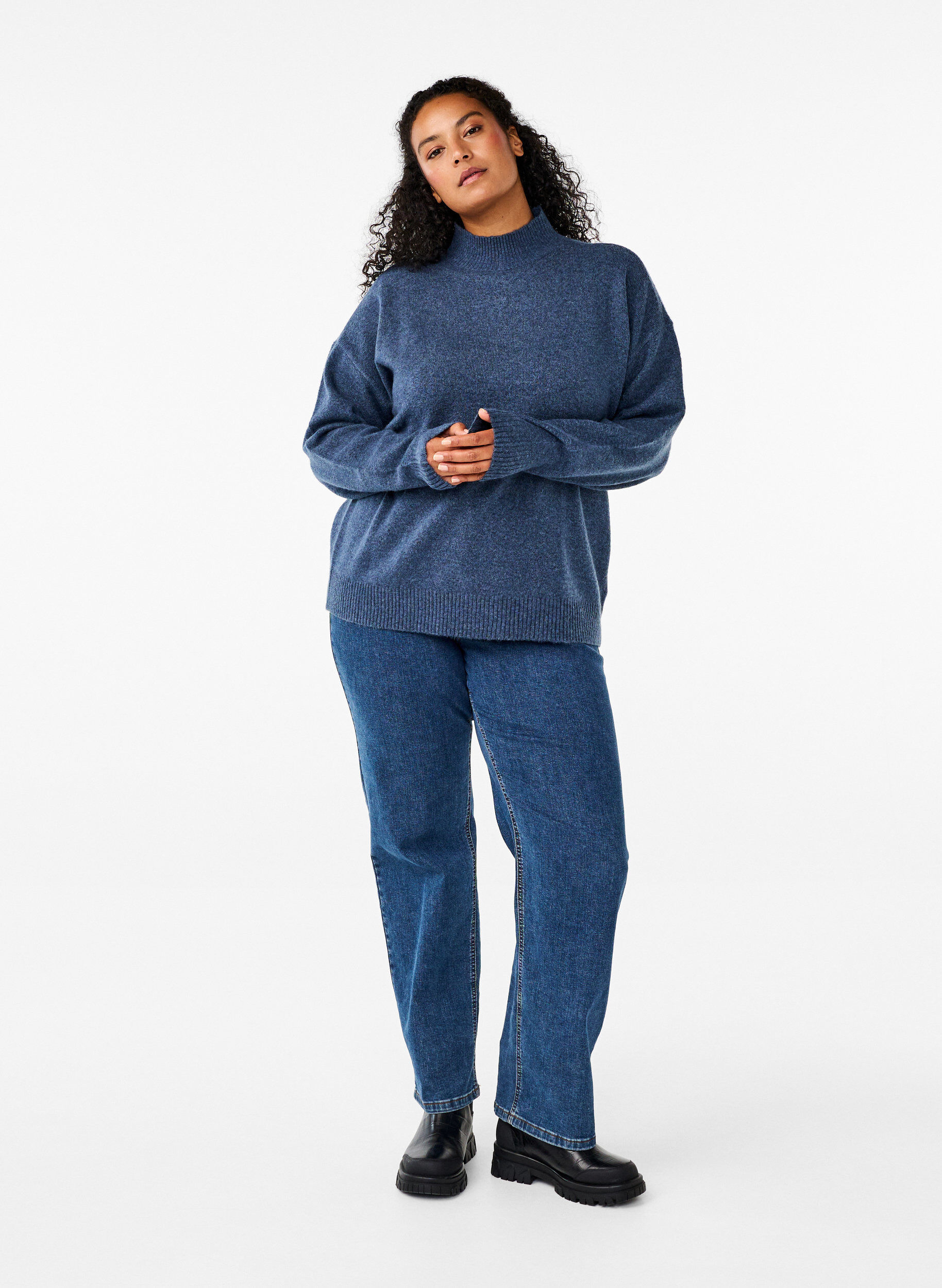 Zizzi Stickad blus i ull med h&ouml;g hals, Bering Sea Mel., Model image number 2