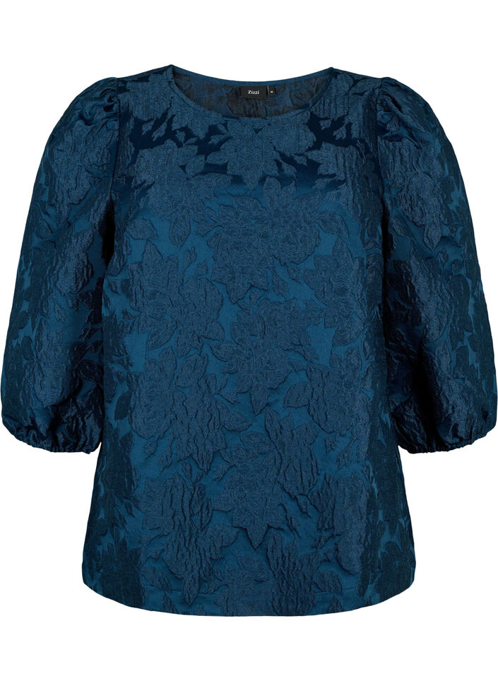 Blus i jacquard med 3/4 ärmar, Titan, Packshot image number 0