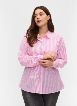 Randig skjorta i bomull, White/ Pink Stripe, Model image number 0