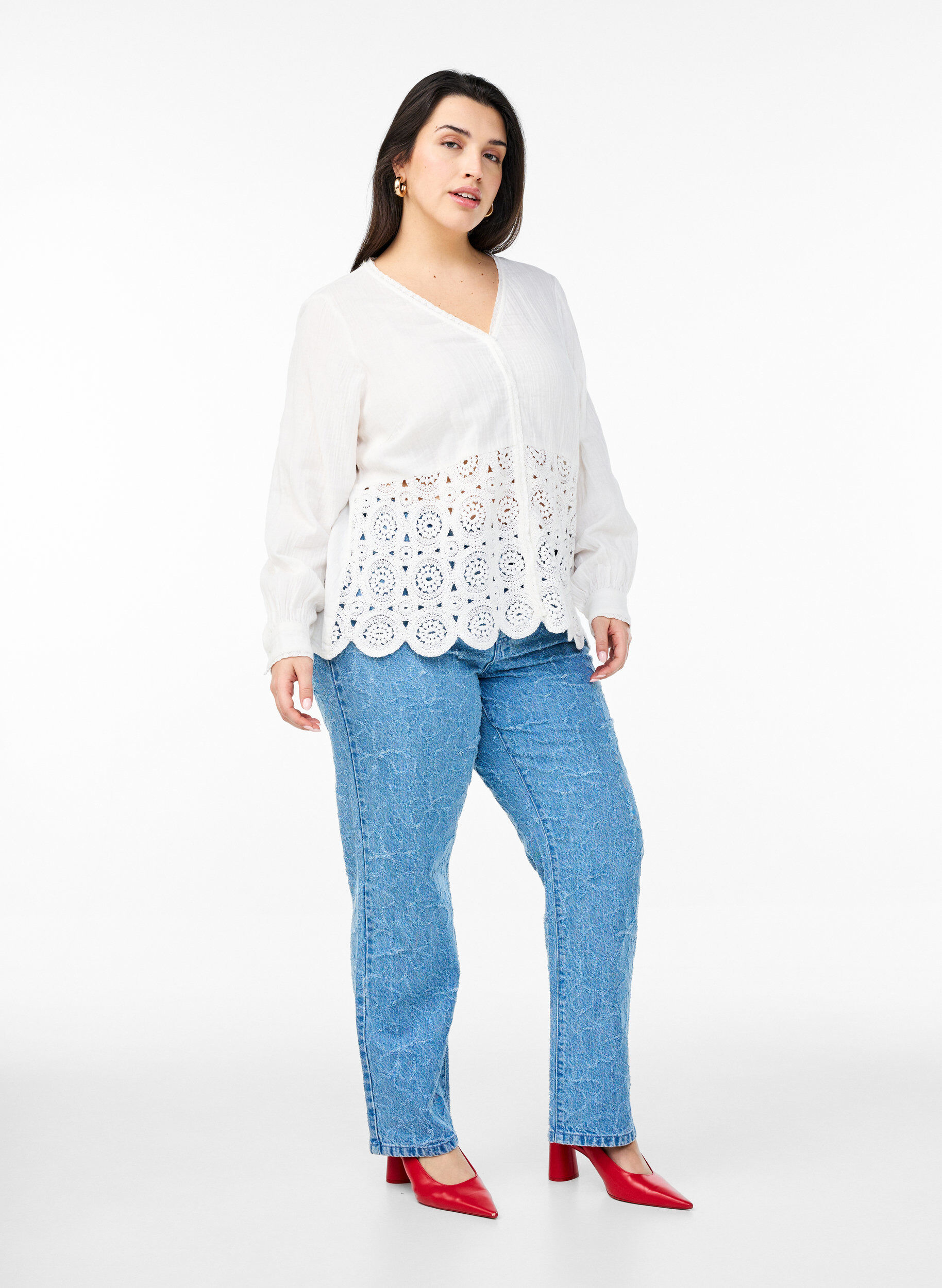 Zizzi Blus i muslinbomull med virkade detaljer, Vanilla, Model image number 1