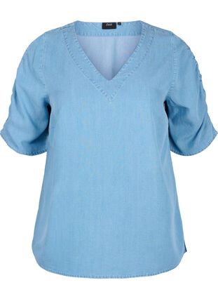 Blus med draperade ärmar, Light blue denim, Packshot image number 0
