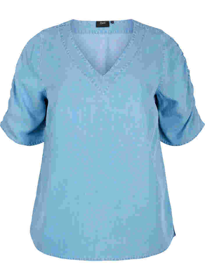 Blus med draperade ärmar, Light blue denim, Packshot image number 0