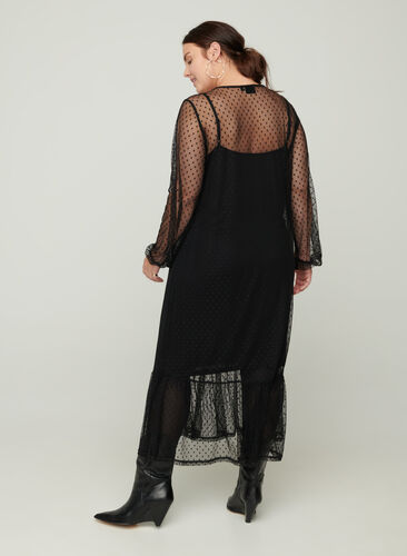 Lång transparent klänning med prickar, Black, Model image number 1