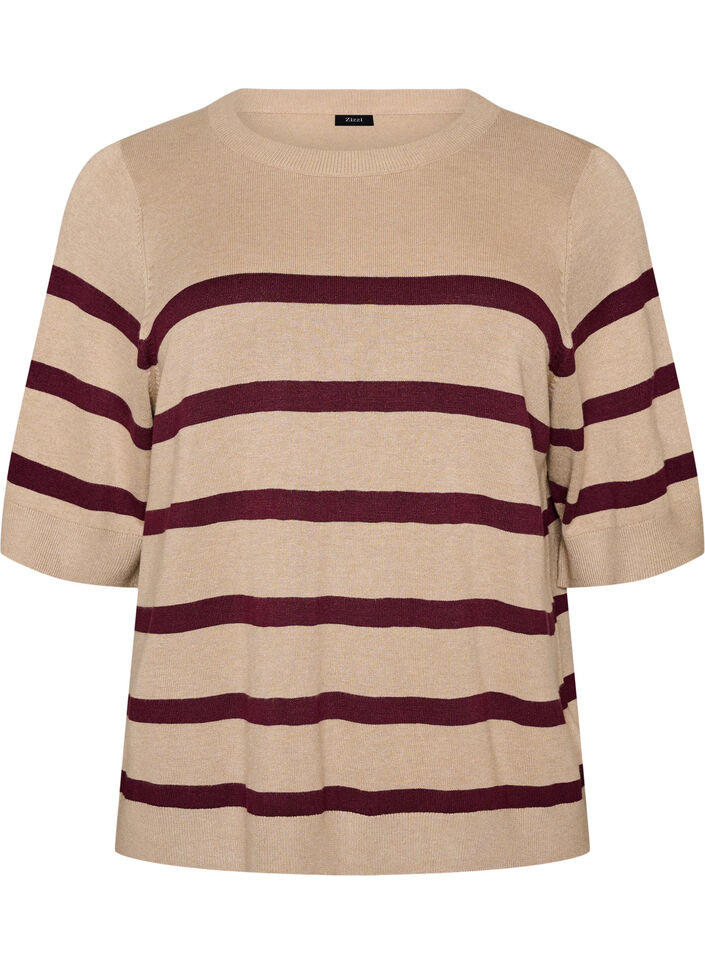 Randig stickad topp med korta &auml;rmar, Beige, Packshot image number 0