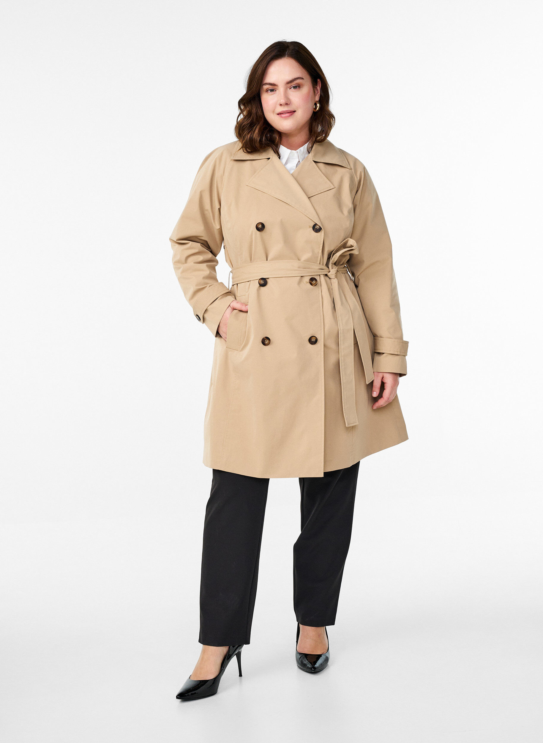 Zizzi Halvl&aring;ng trenchcoat med sk&auml;rp, Incense, Model image number 2
