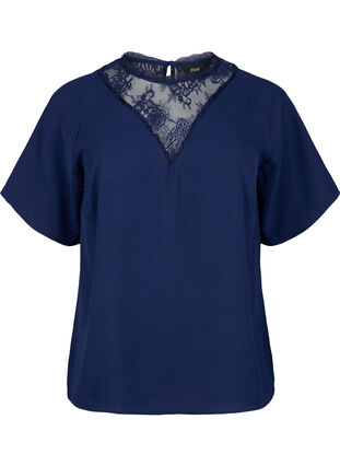 Kortärmad blus med spets , Navy Blazer, Packshot image number 0