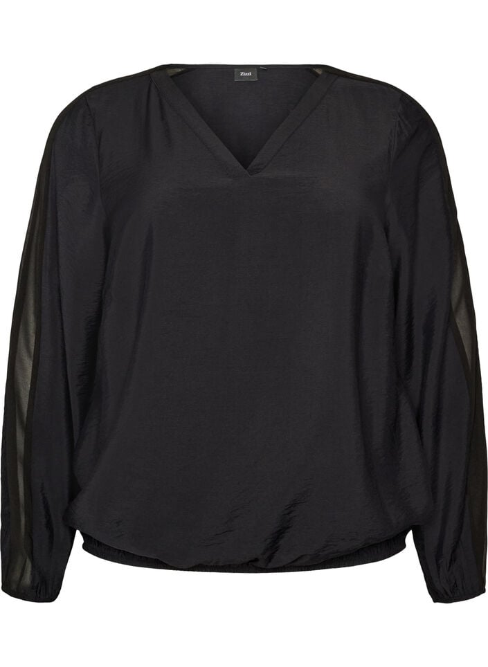 Blus med ballongeffekt och chiffongdetaljer, Svart, Packshot image number 0