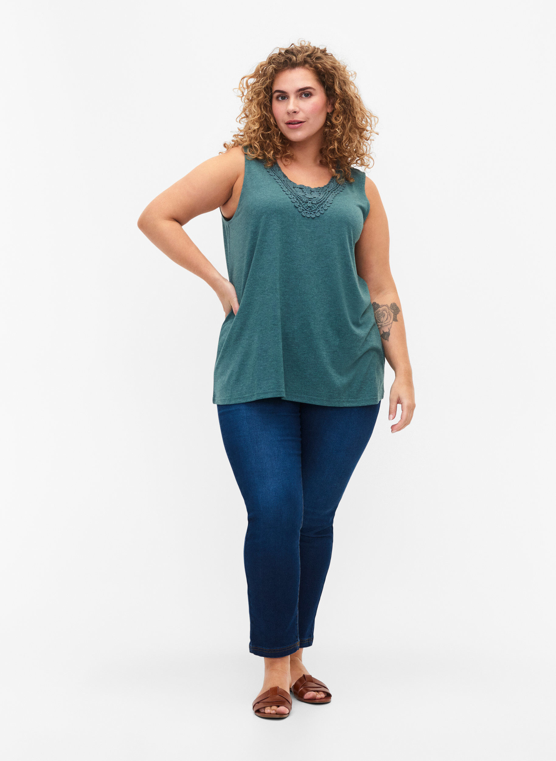 Zizzi &Auml;rml&ouml;s topp med spets, Sea Pine Melange, Model image number 2