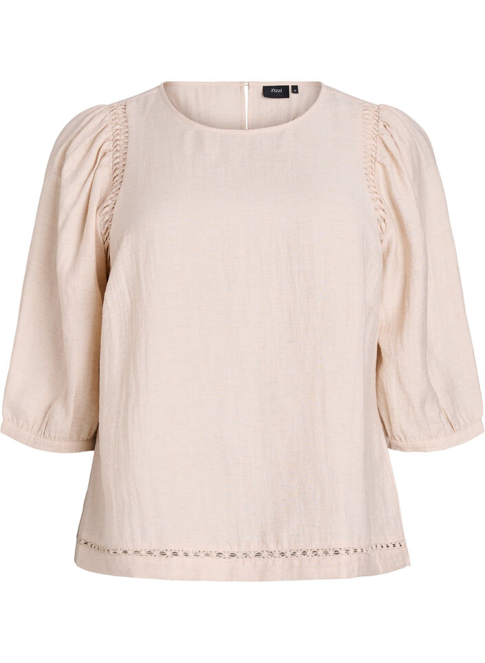 Blus i viskosblandning med linne och rynkade axlar, Orange, Packshot image number 0