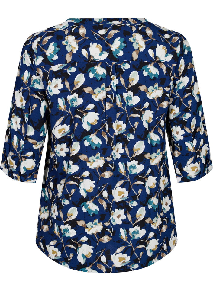 Blus med blommönster och trekvartsärm, P. Blue Flower AOP, Packshot image number 1