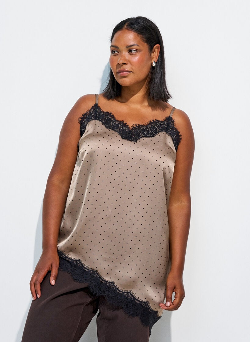 Linne med spets och asymmetrisk nederkant, Beige, Model image number 0
