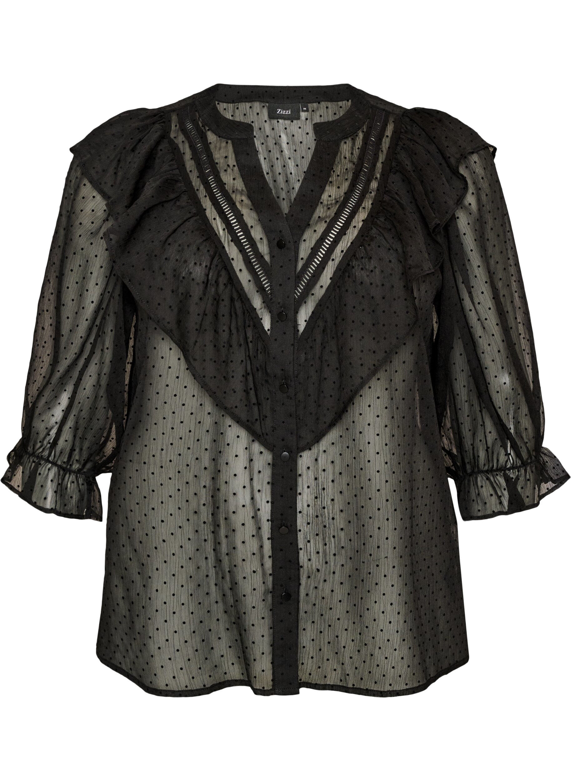 ZizziTransparent skjortblus med prickar och volangdetaljer, Svart, Packshot image number 0