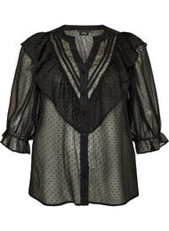 Transparent skjortblus med prickar och volangdetaljer, Svart