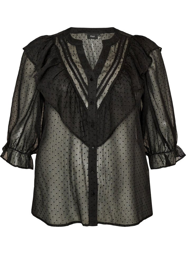 Transparent skjortblus med prickar och volangdetaljer, Svart, Packshot image number 0