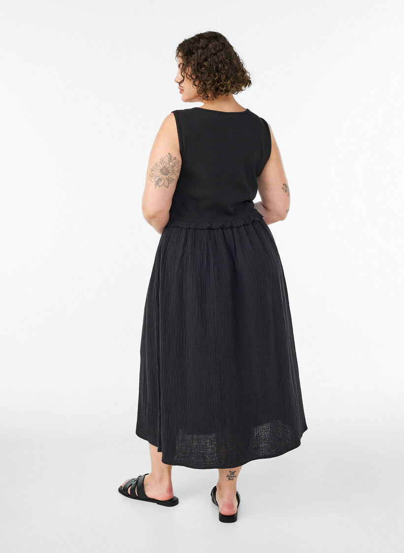 &Auml;rml&ouml;s midikl&auml;nning i bomull med ribb och muslin, Svart, Model image number 1