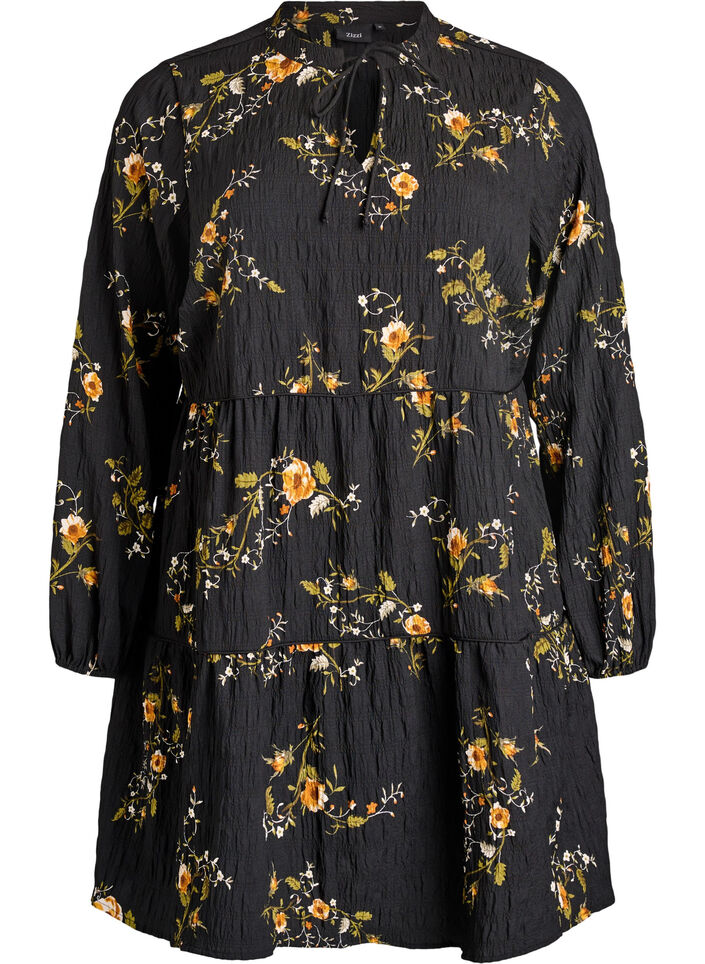Kl&auml;nning med blommigt tryck och knytning, Svart, Packshot image number 0