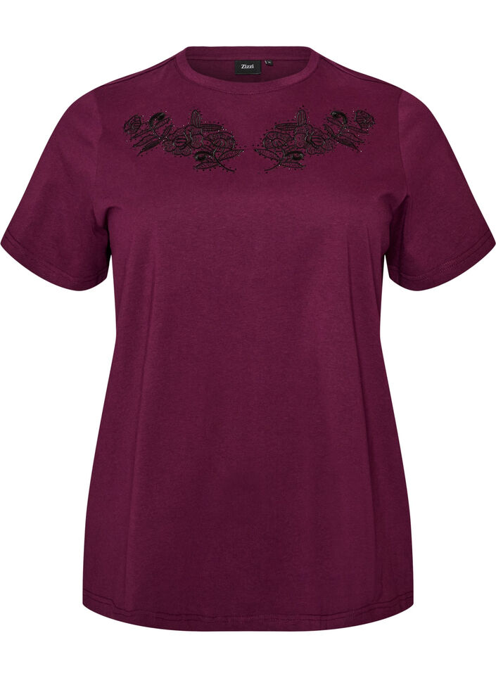 T-shirt med blombroderi och strasstenar, Lila, Packshot image number 0