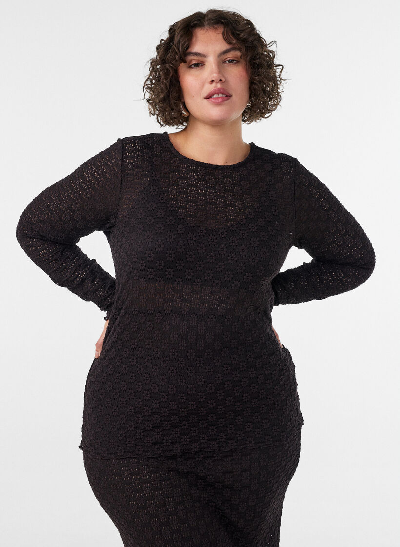 Blus med h&aring;lm&ouml;nster och l&aring;nga &auml;rmar, Svart, Model image number 0