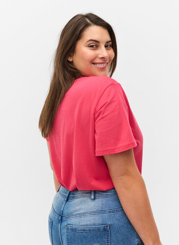 T-shirt i bomull med tryck, Raspberry TEXT, Model image number 1