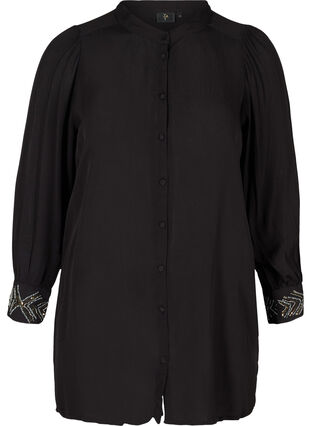 Lång viskosskjorta med pärlor, Black, Packshot image number 0