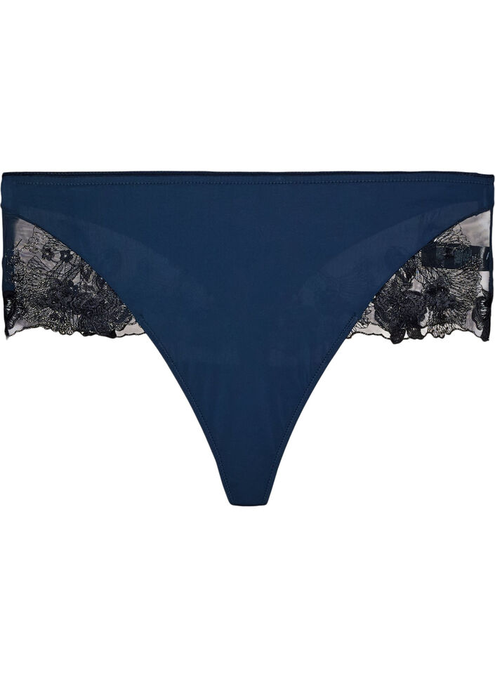 Hipster-stringtrosa med blommigt broderi och normal midja, Bl&aring;, Packshot image number 0