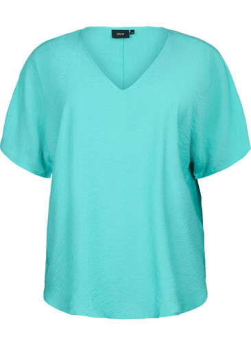 V-ringad blus i viskos med korta ärmar, Turquoise, Packshot image number 0