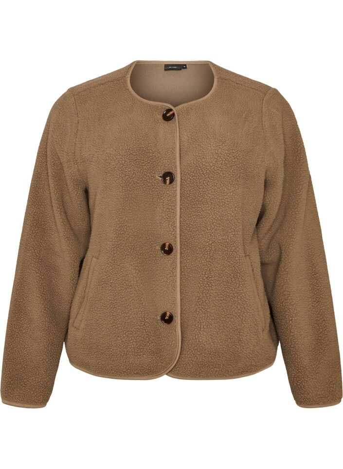 Teddyjacka med rund hals och knappar, Brun, Packshot image number 0