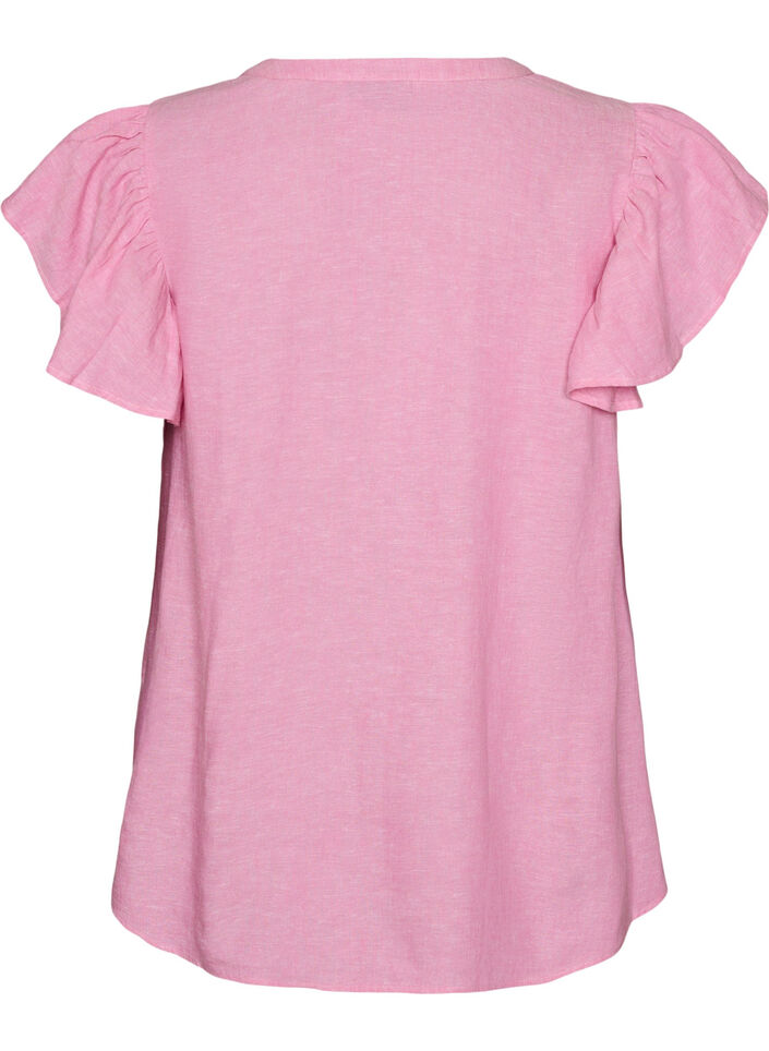 Blus i viskos och linne med volang&auml;rmar, Rosa, Packshot image number 1