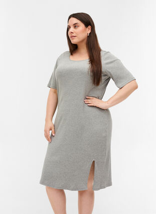 Ribbad klänning med korta ärmar, Light Grey Melange, Model image number 0