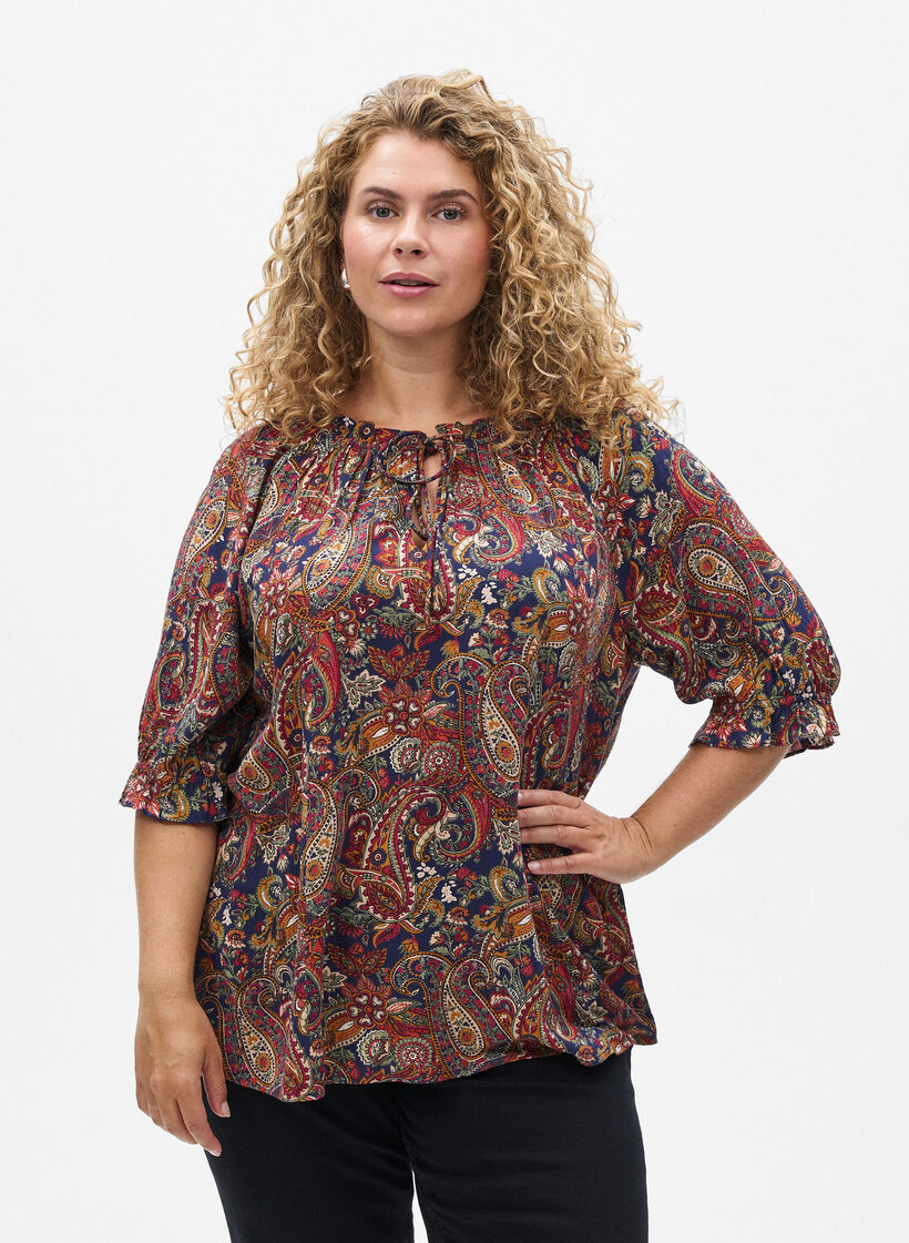 Blus i viskos med paisleym&ouml;nster och &auml;rmar till armb&aring;gen, Bl&aring;, Model image number 0