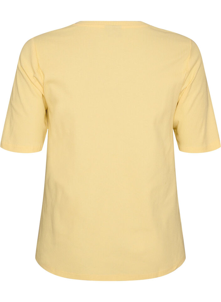 Blus i ribbad jersey med korta &auml;rmar, Gul, Packshot image number 1