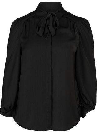 Skjorta med lätt puffärm och knytdetalj, Black, Packshot image number 0