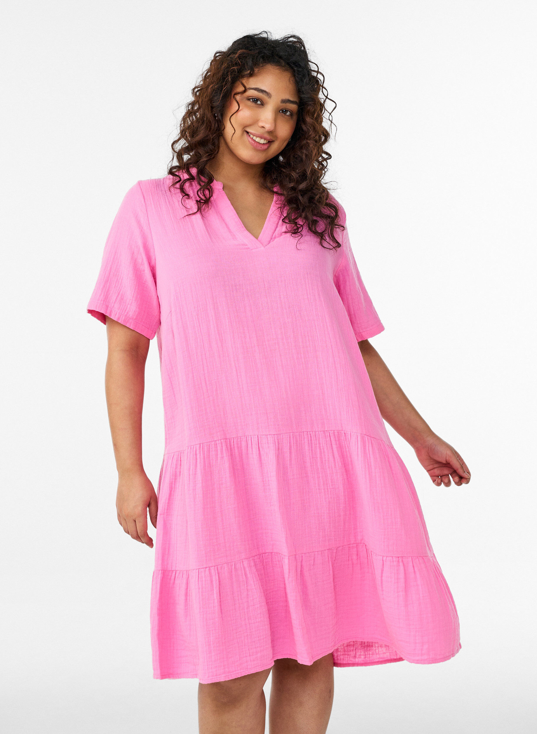 ZizziKort a-linjeformad kl&auml;nning i bomullsmuslin, Rosa, Model image number 0