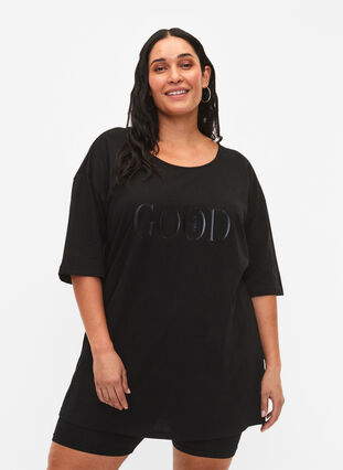 Oversized t-shirt i bomull med tryck, Black GOOD, Model image number 0