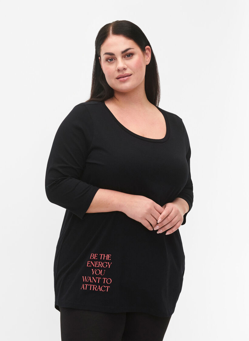 T-shirt i bomull med 3/4-ärmar, Black, Model image number 0