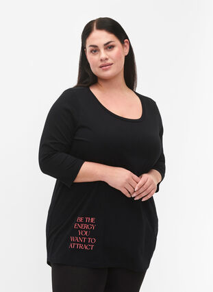 T-shirt i bomull med 3/4-ärmar, Black, Model image number 0