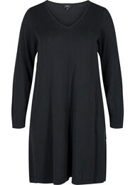 Enfärgad stickad klänning med långa ärmar, Black