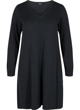 Enfärgad stickad klänning med långa ärmar, Black, Packshot image number 0