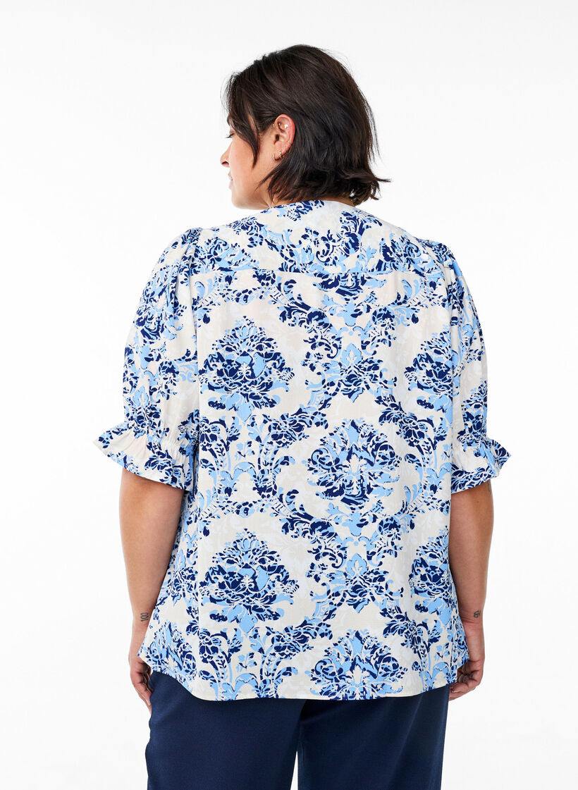 Skjortblus med halvl&aring;nga &auml;rmar, Beige, Model image number 2