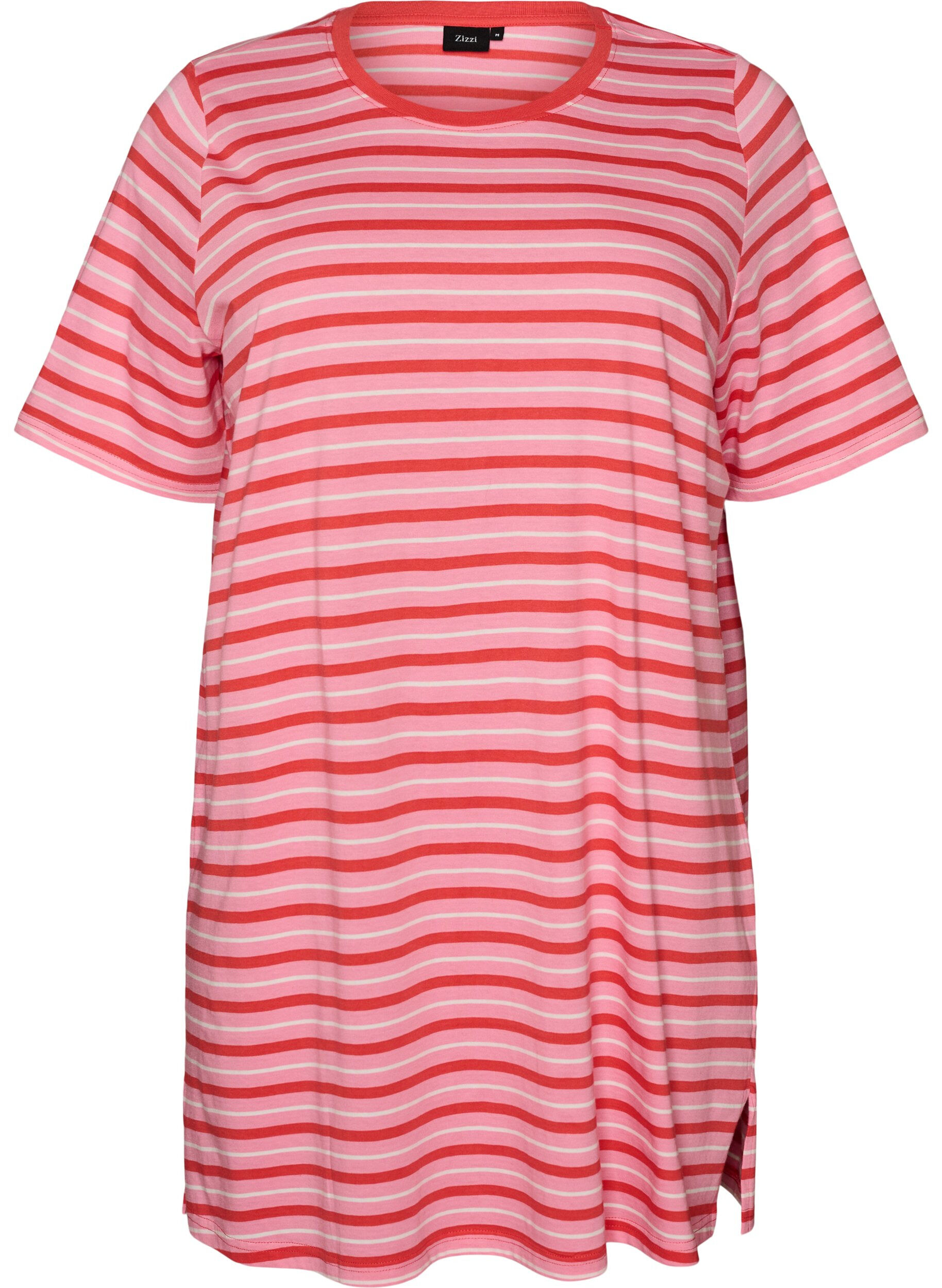 ZizziL&aring;ng oversized randig t-shirt i ekologisk bomull, Rosa, Packshot image number 0