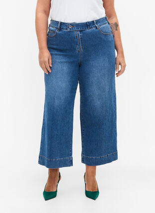 Croppade jeans med vida ben, Blue denim, Model image number 3