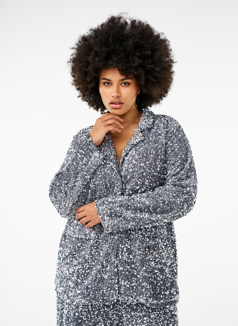 Paljettkavaj med fickor, Silver, Model image number 0