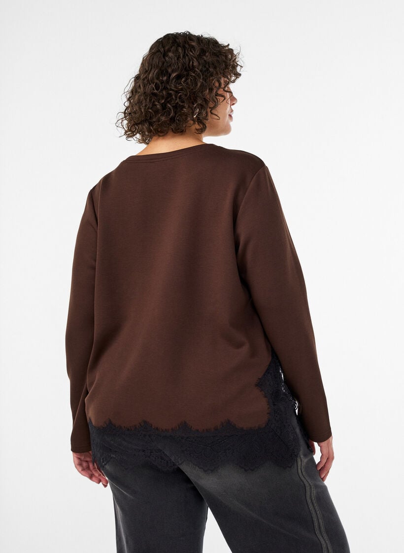 Blus i jersey med spetskant, Brun, Model image number 2